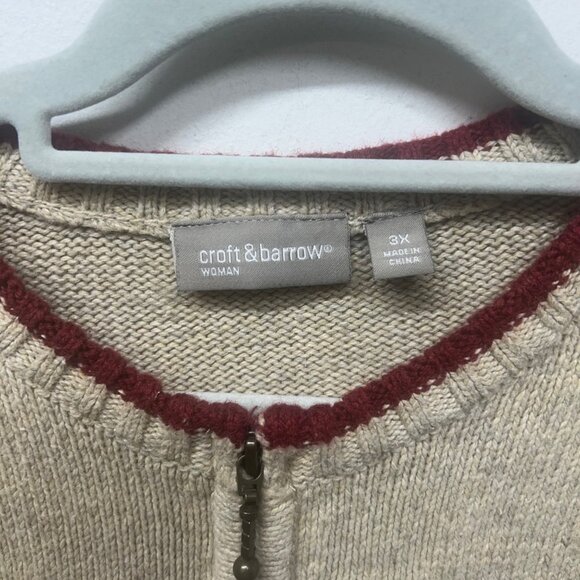 Croft & Barrow Holiday Cardinal Red tan Bird Zip Front Cardigan sweater 3x - Picture 2 of 9